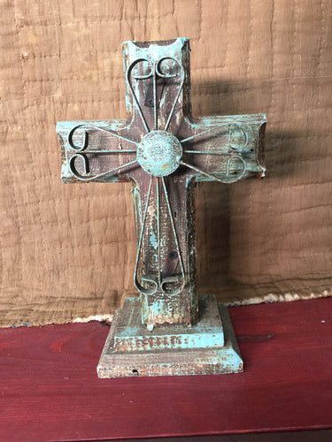 Vintage Wooden Cross- Turquoise