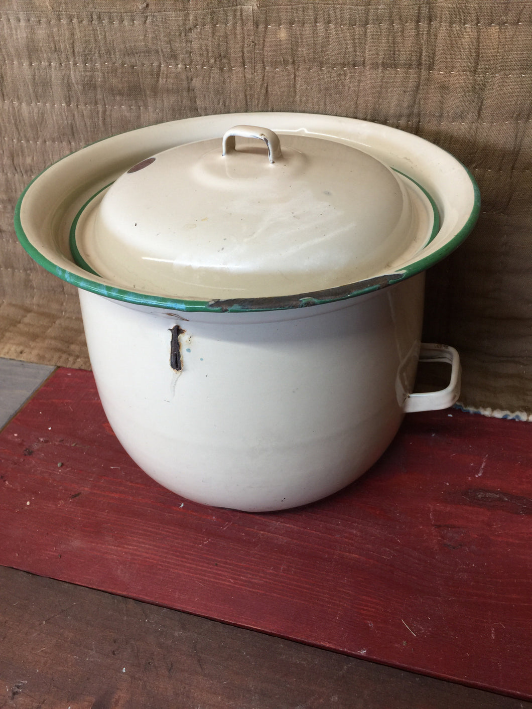 Vintage 1920’s chamber pot cream with green rim