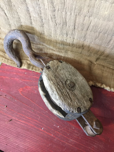 Antique rustic BTW Wood cast iron pulley