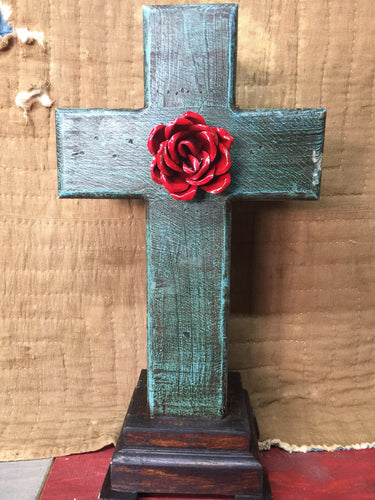 Large Turquoise Cross w/ Red Rose